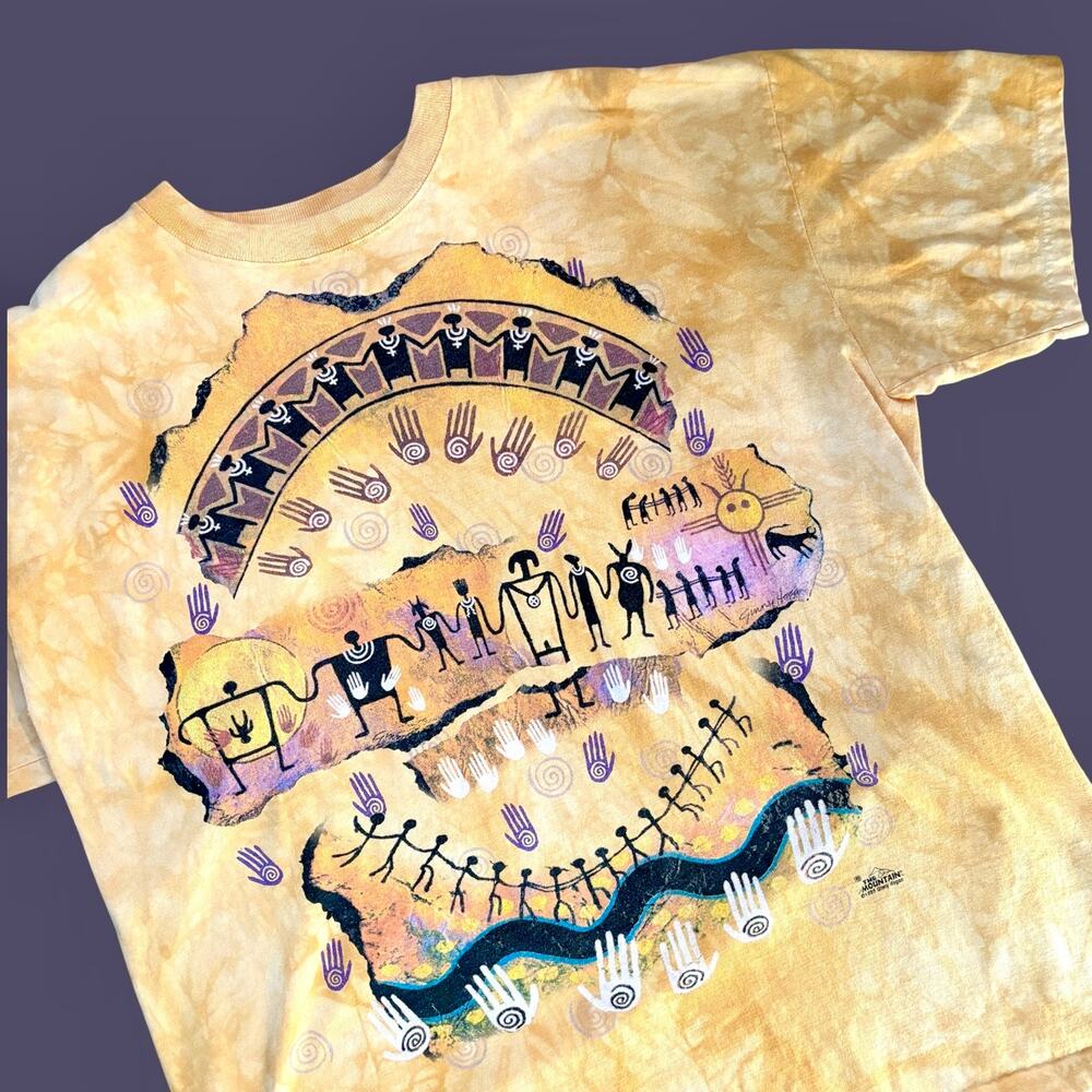 The Mountain Tribal T-Shirt Yellow Tie Dye XLGinny Hogan Vtg 90s Southwestern
